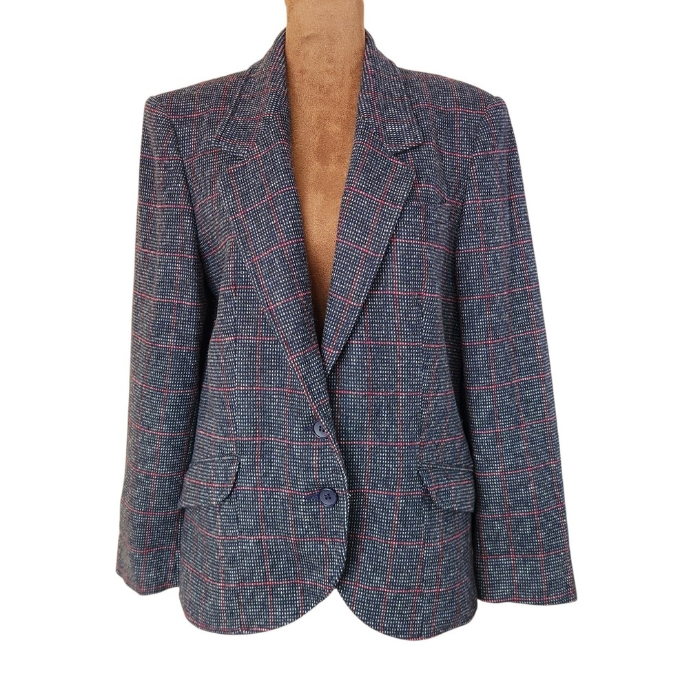 The Villager Vintage Wool Blazer Jacket  S/M Red Blue Black Windowpane Plaid‎